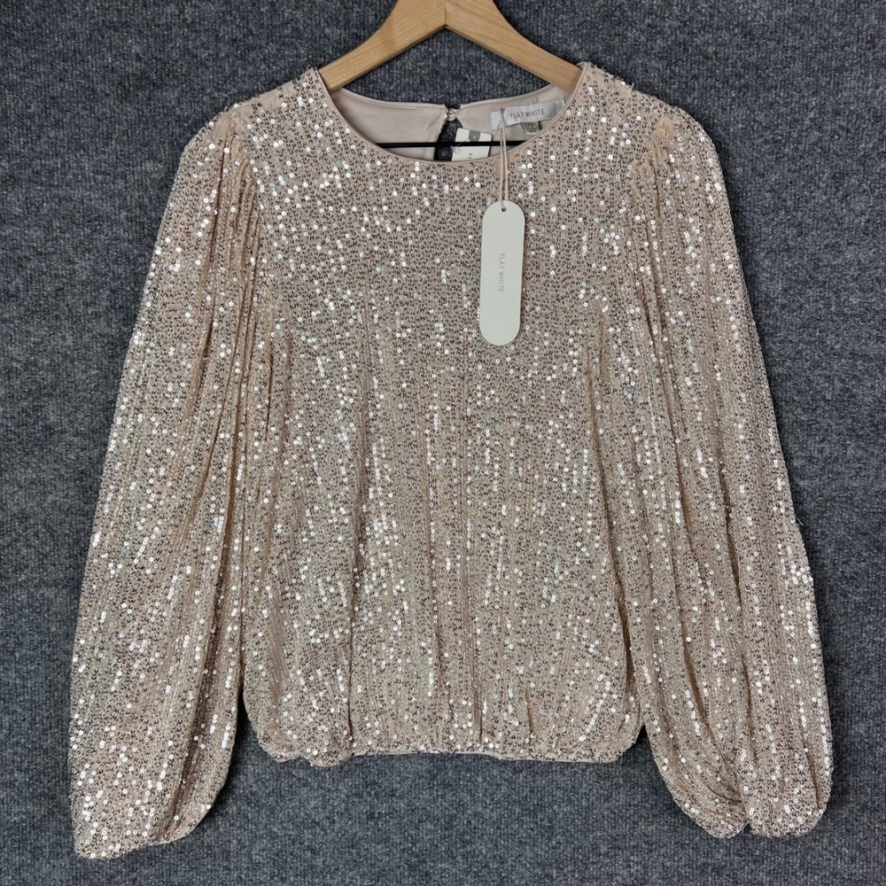 NEW Anthropologie Flat White Sequin Blouse XS  NWT Long Sleeve Party Top Holiday